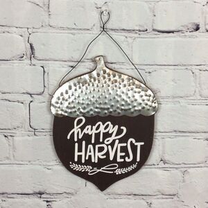 Wood & Metal Acorn Happy Harvest Fall Sign Door Wreath Decor 9" X 7" New
